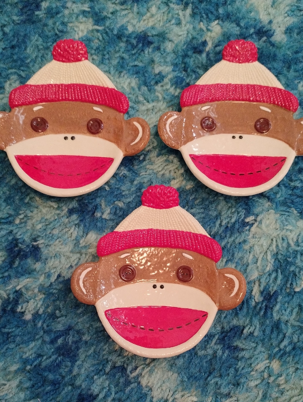 Red & Cream Sock Monkey. 3-Ceramic Item For Multiple Purposes .